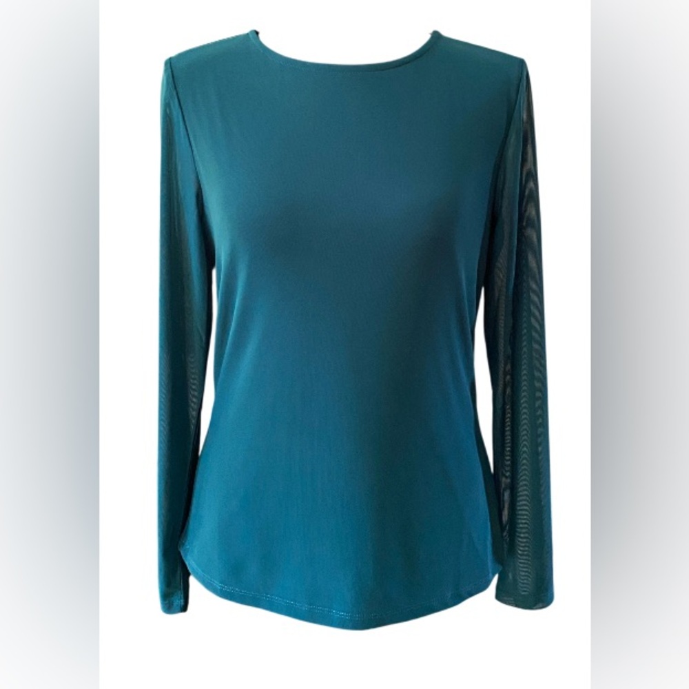 Kaileigh: Green Teal Stretchy Long Sleeve Women's Top With Outer Lace Shell - Picture 3 of 16